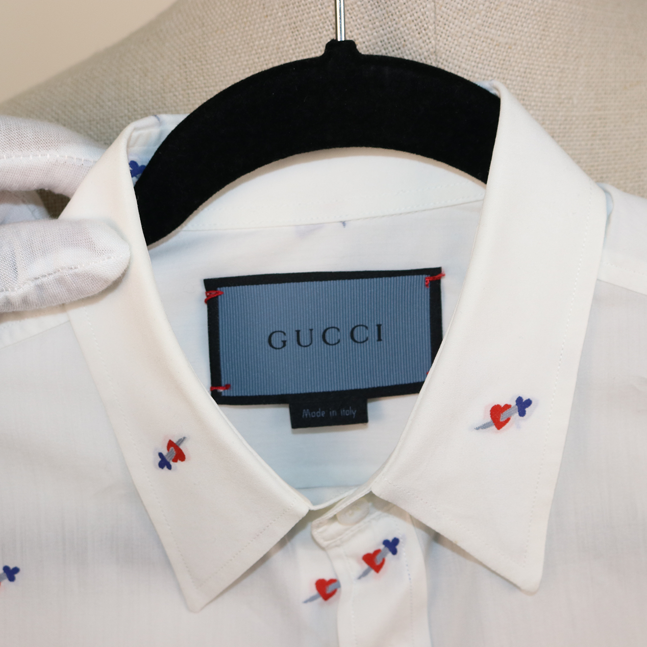 Gucci White Cotton Shirt with Red and Blue Heart Embroidery