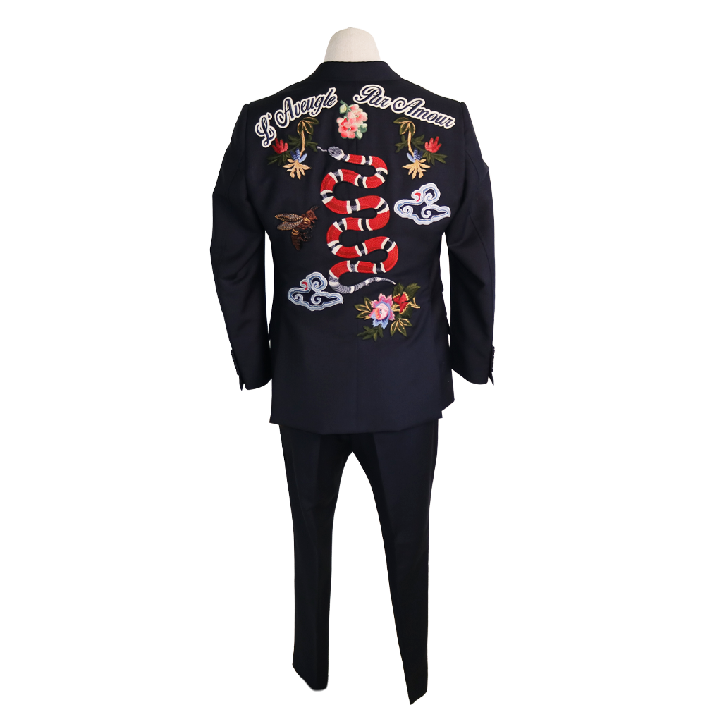 Gucci L'Aveugle Par Amour Kingsnake Embroidered Black Mohair-Wool Suit Set