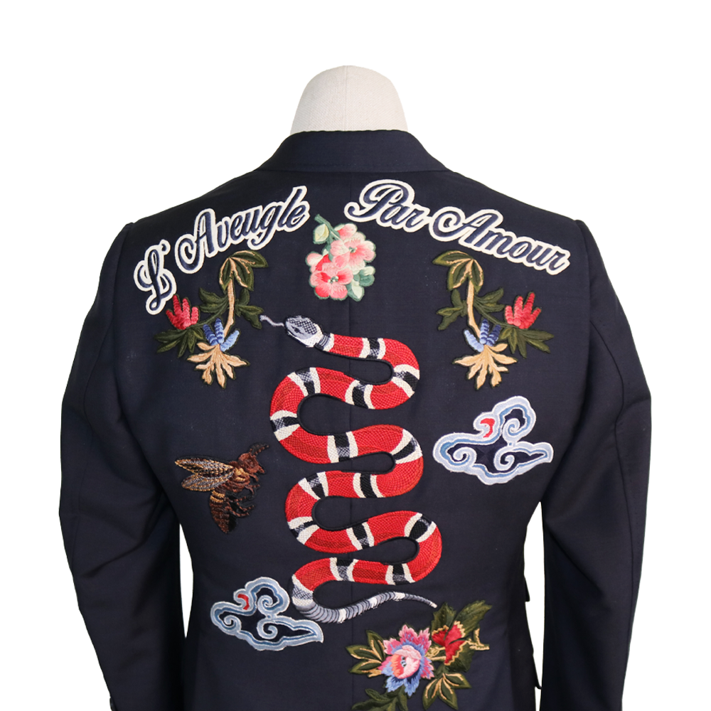 Gucci L'Aveugle Par Amour Kingsnake Embroidered Black Mohair-Wool Suit Set