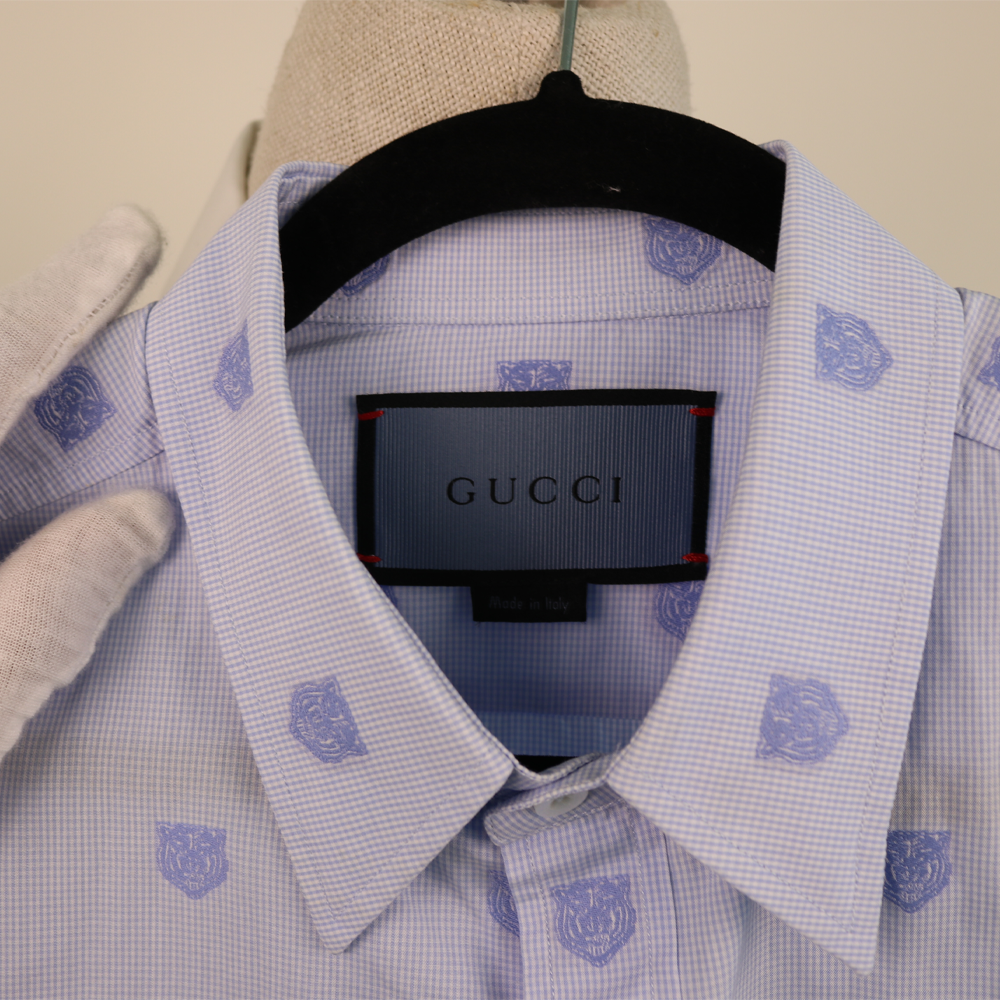 Gucci Blue Checks Cotton Tiger Head Embroidered Shirt