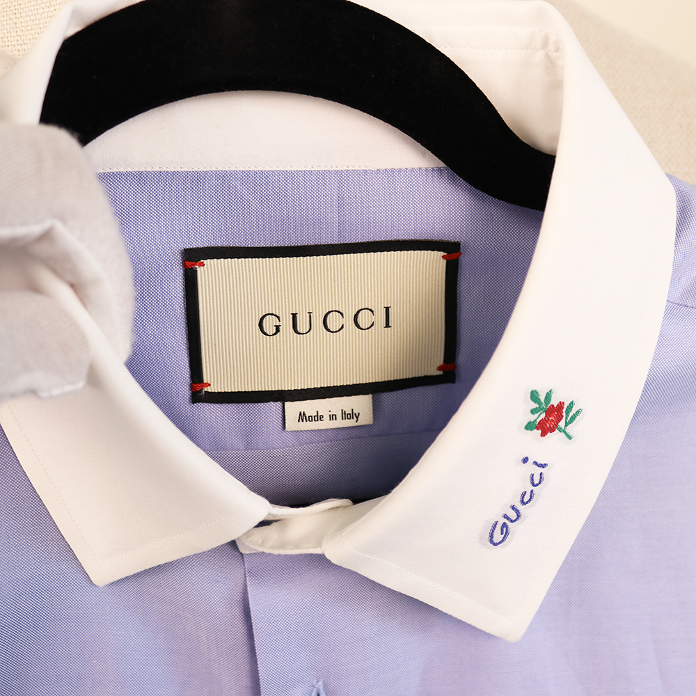 Gucci Blue Embroidered Collar Shirt