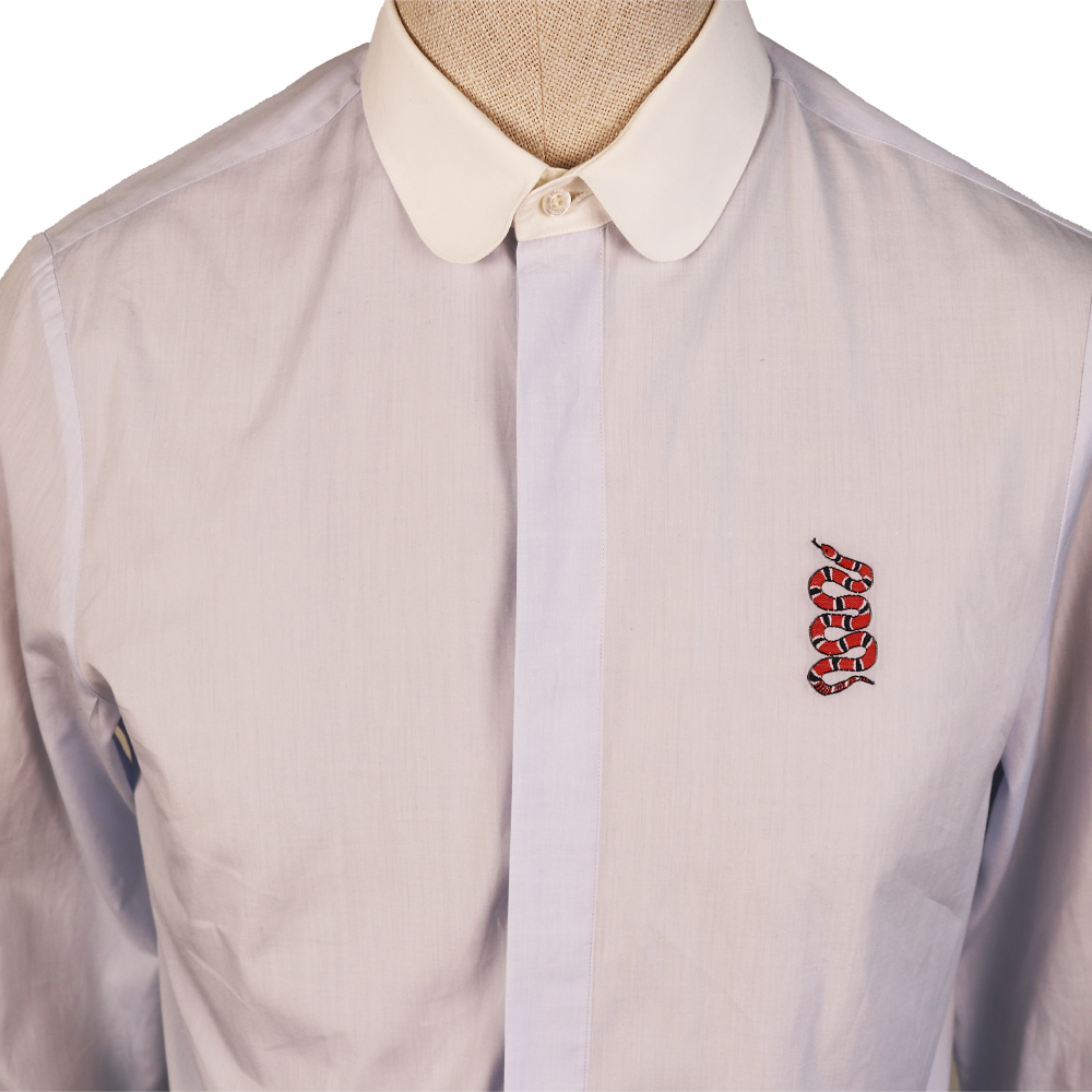 Gucci White Contrast Collar Shirt with Red Snake Embroidery