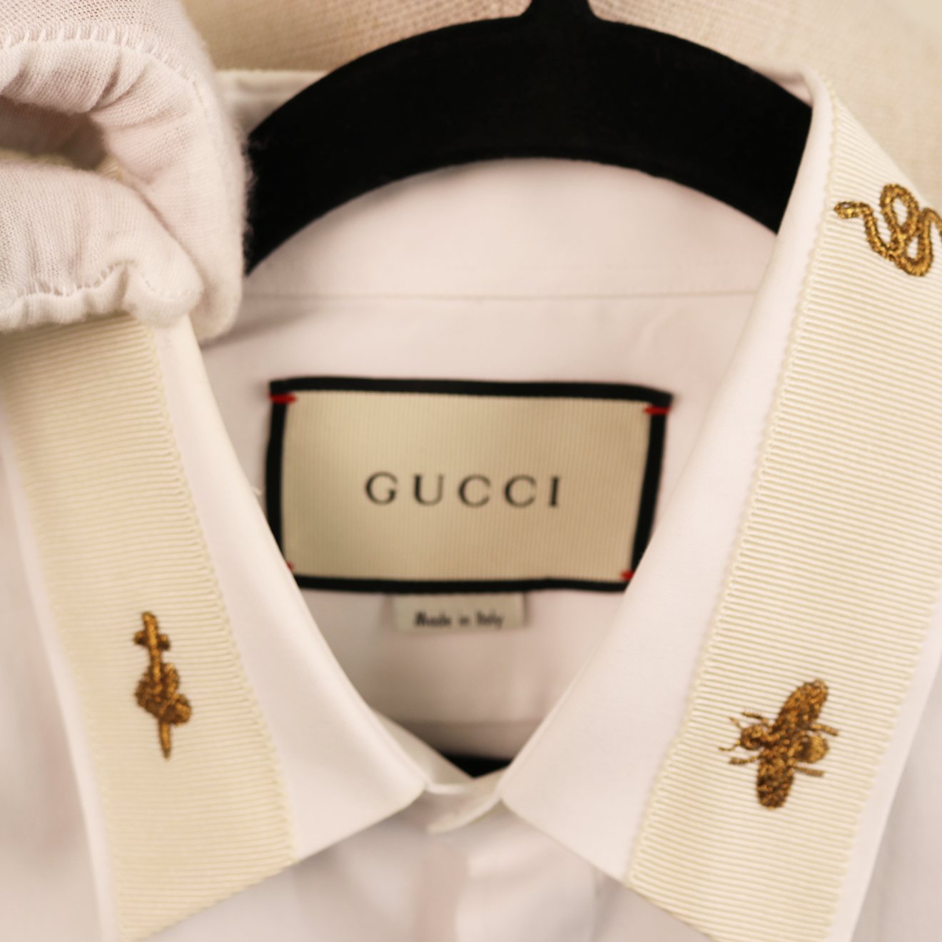 Gucci Ivory Cotton Shirt with Gold Bee & Snake Embroidery