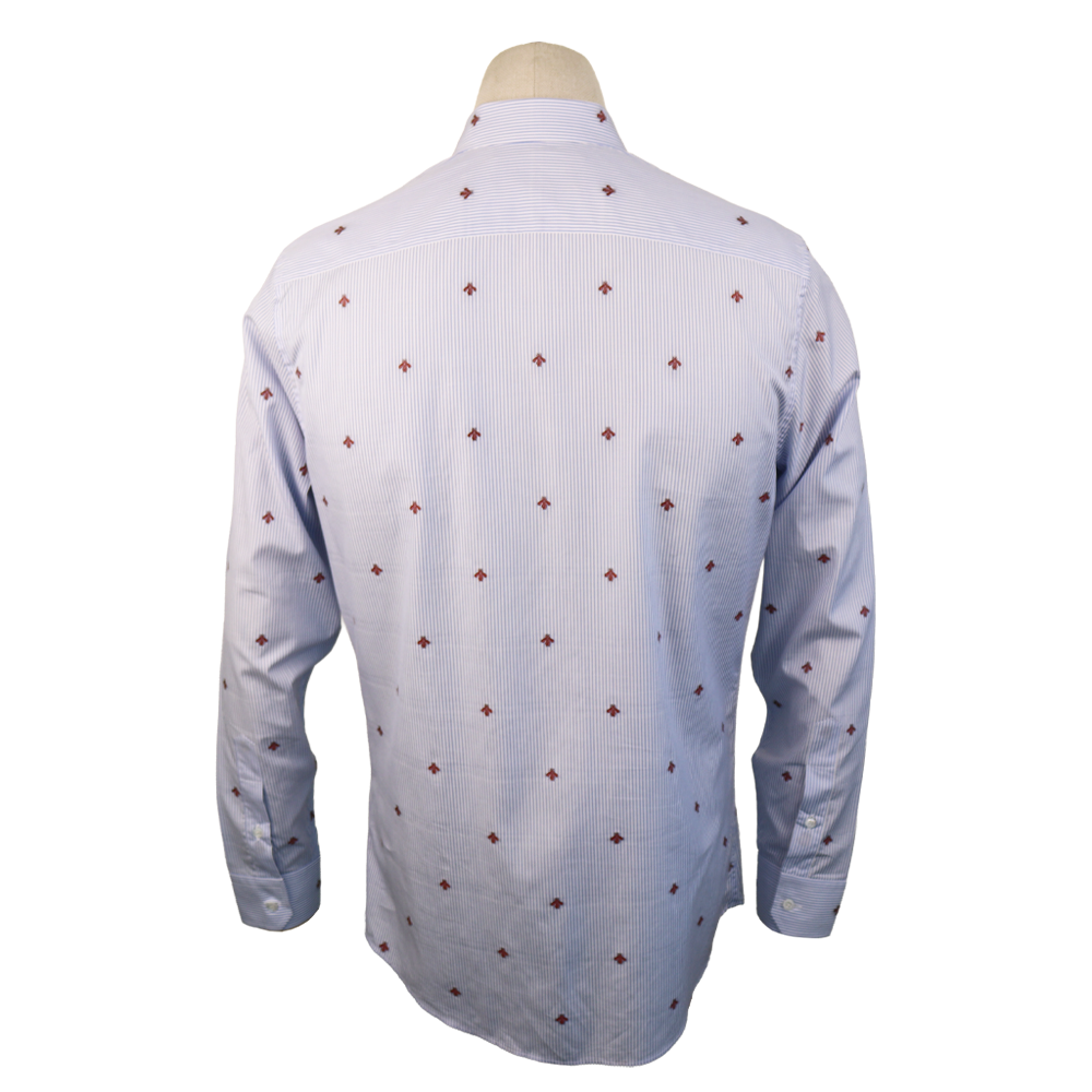 Gucci Blue Stripe Cotton Shirt with All-Over Red Bee Embroidery "AK" Monogram