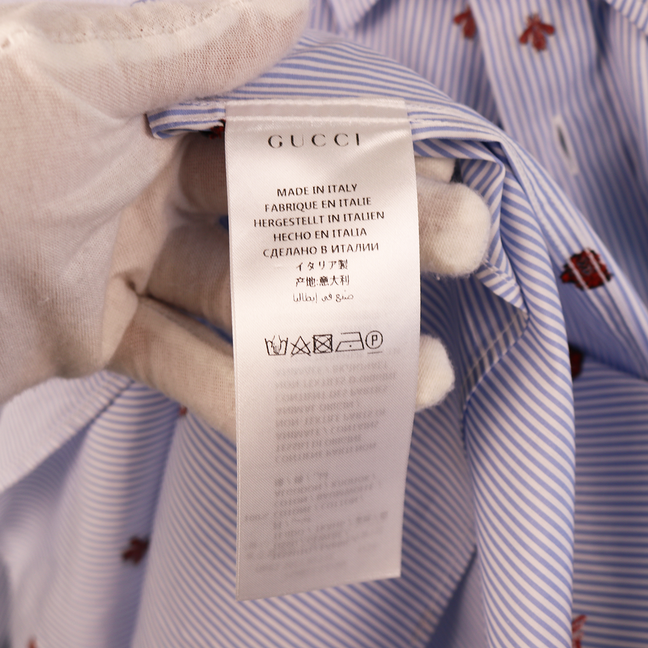 Gucci Blue Stripe Cotton Shirt with All-Over Red Bee Embroidery "AK" Monogram