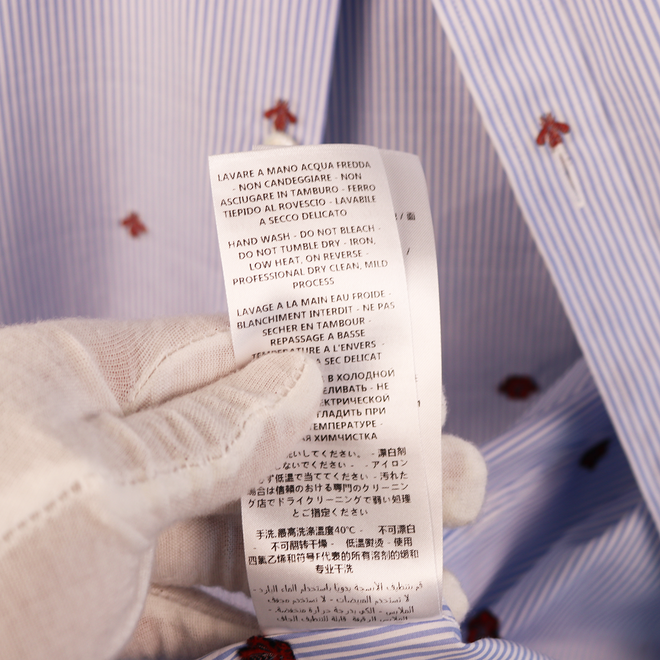 Gucci Blue Stripe Cotton Shirt with All-Over Red Bee Embroidery "AK" Monogram