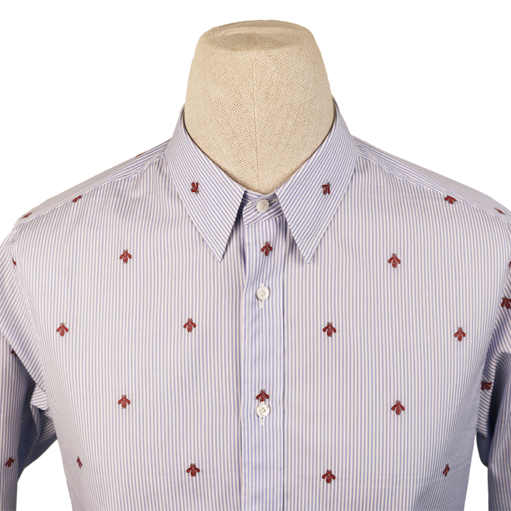 Gucci Blue Stripe Cotton Shirt with All-Over Red Bee Embroidery "AK" Monogram