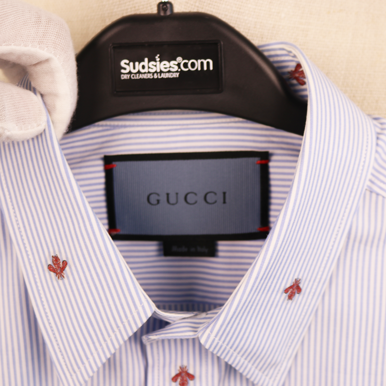 Gucci Blue Stripe Cotton Shirt with All-Over Red Bee Embroidery "AK" Monogram