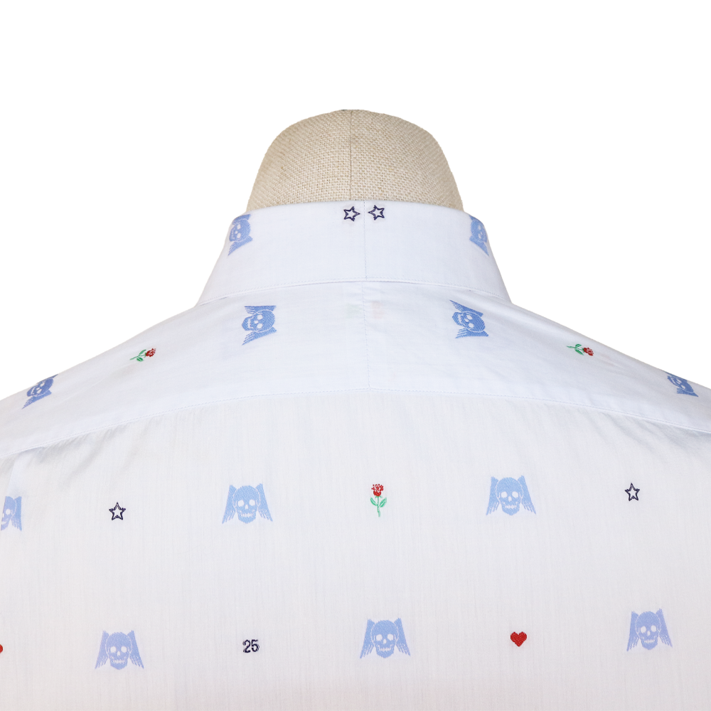 Gucci White Shirt with Blue Skull Embroidery and Club Collar