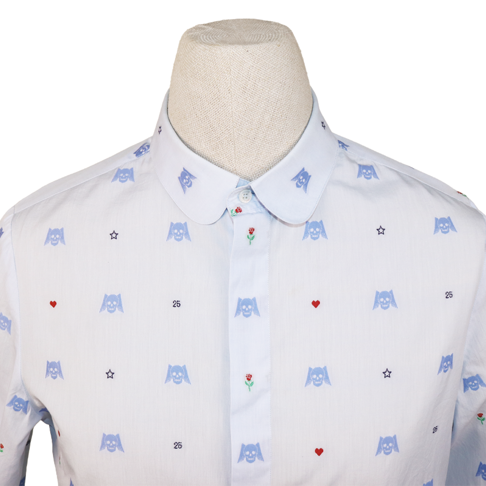 Gucci White Shirt with Blue Skull Embroidery and Club Collar
