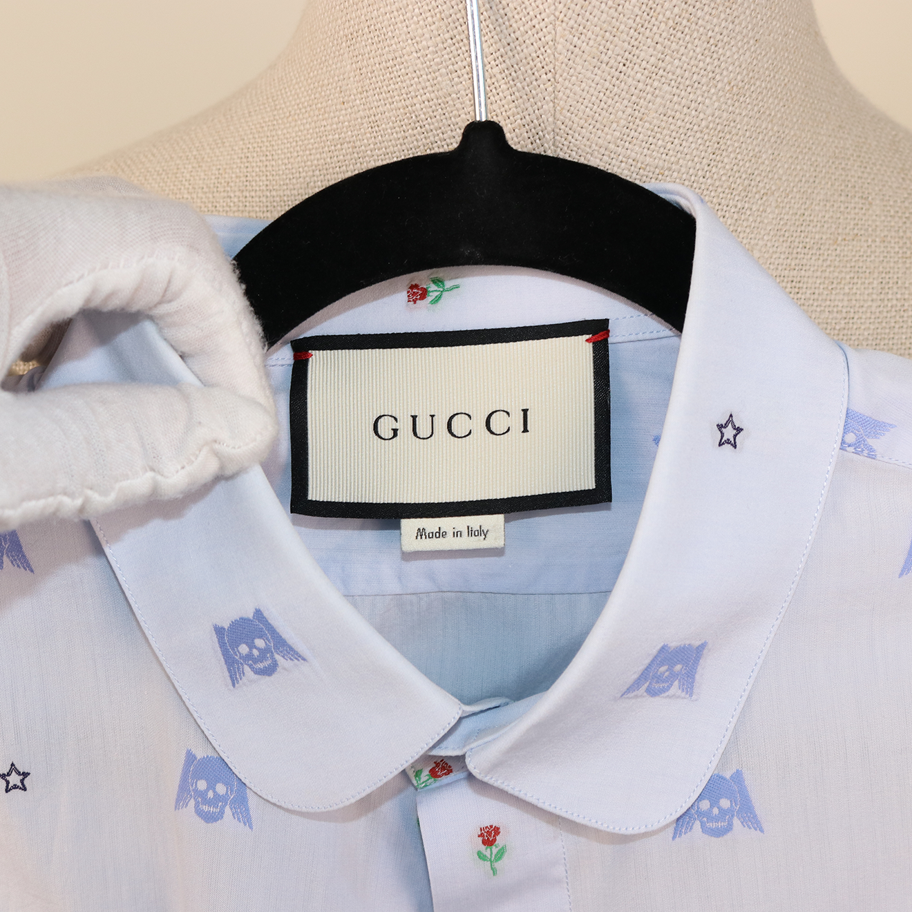 Gucci White Shirt with Blue Skull Embroidery and Club Collar