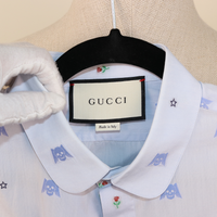 Gucci White Shirt with Blue Skull Embroidery and Club Collar