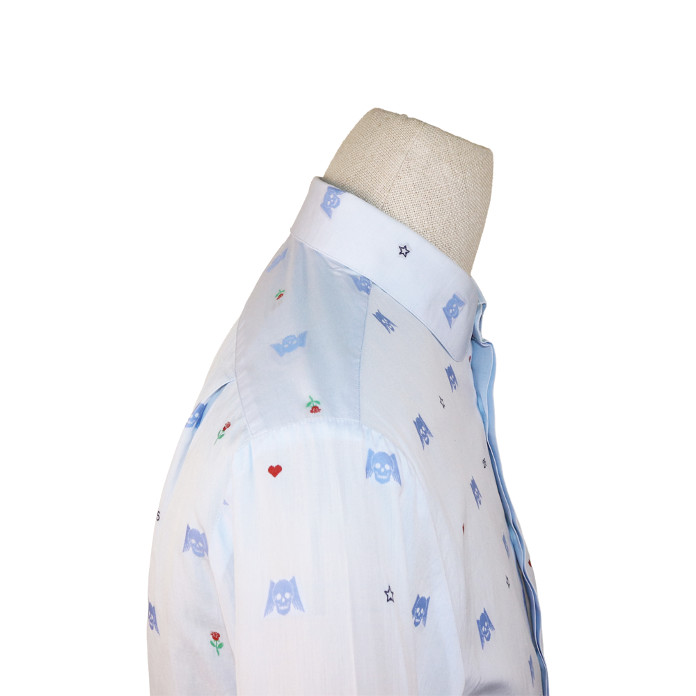Gucci White Shirt with Blue Skull Embroidery and Club Collar