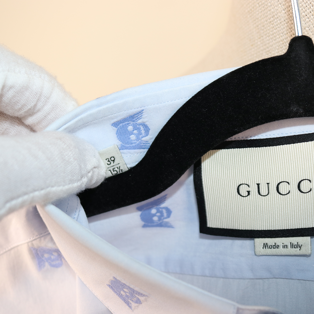 Gucci White Shirt with Blue Skull Embroidery and Club Collar