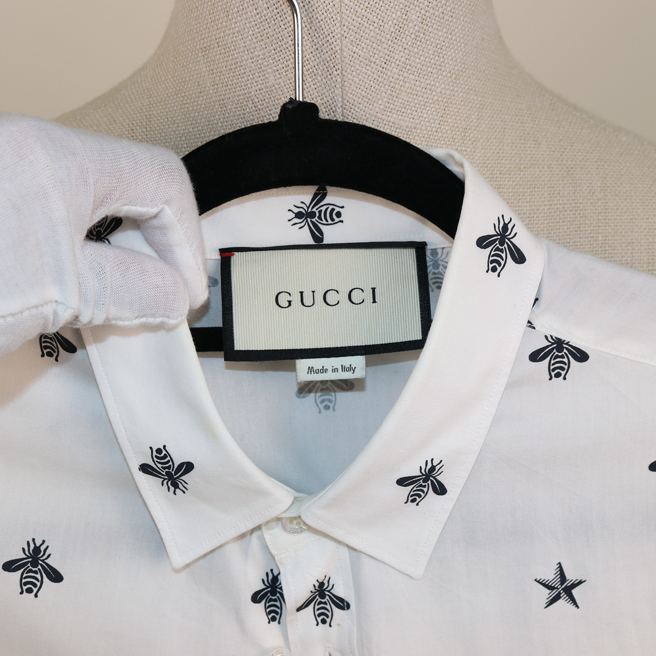 Gucci White Bee & Star Print Cotton Shirt