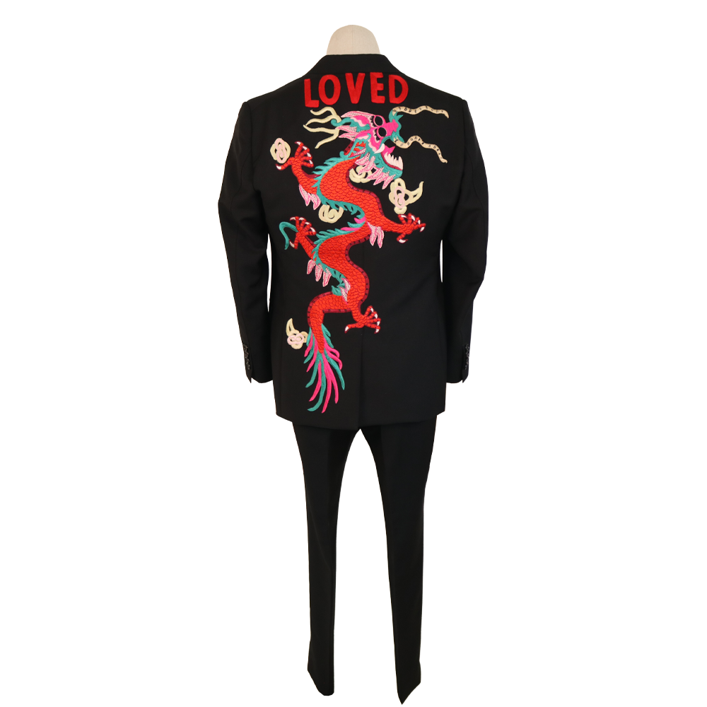 Gucci Black Wool Suit with Loved Dragon Back Embroidery