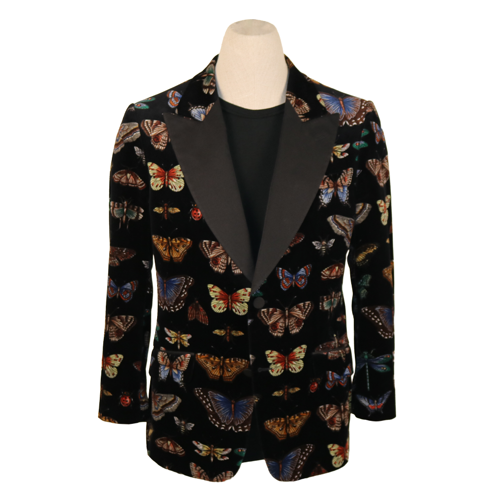 Gucci Black Velvet Butterfly Print Blazer with Satin Lapels