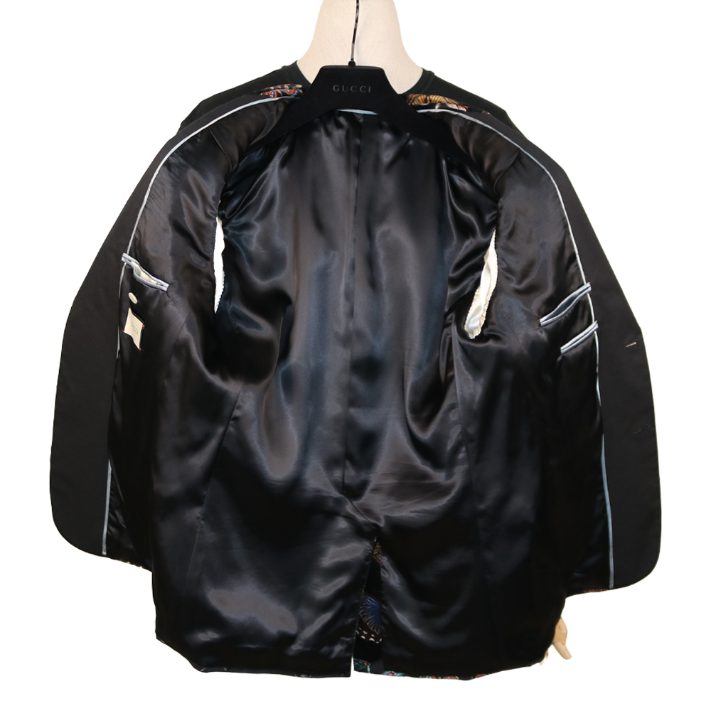 Gucci Black Velvet Butterfly Print Blazer with Satin Lapels