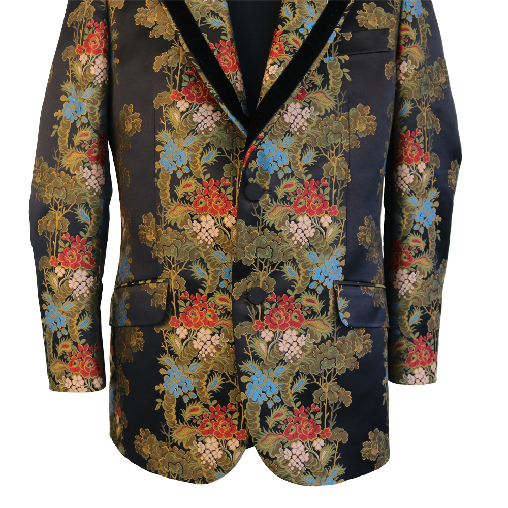 Gucci Black Floral Brocade Blazer with Velvet Lapels