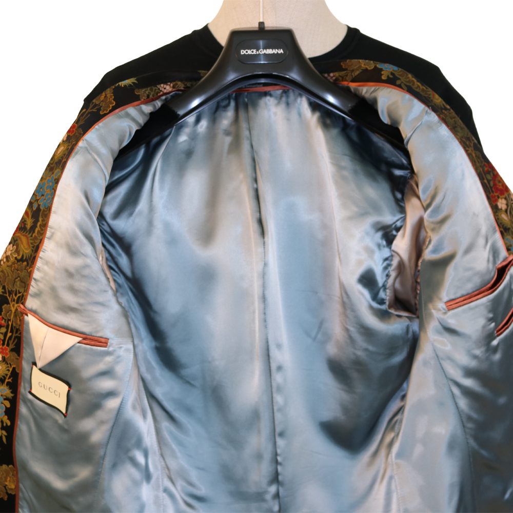 Gucci Black Floral Brocade Blazer with Velvet Lapels