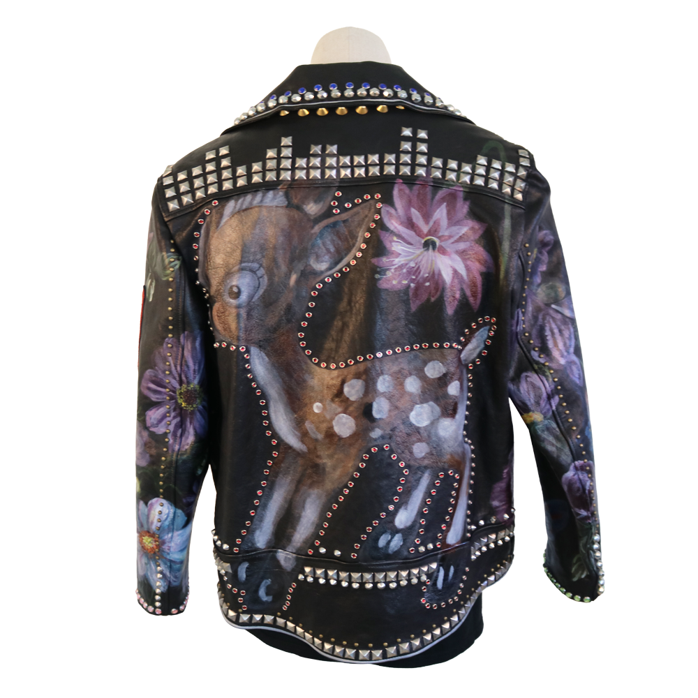Gucci Studded Floral Leather Jacket with Deer Back Artwork