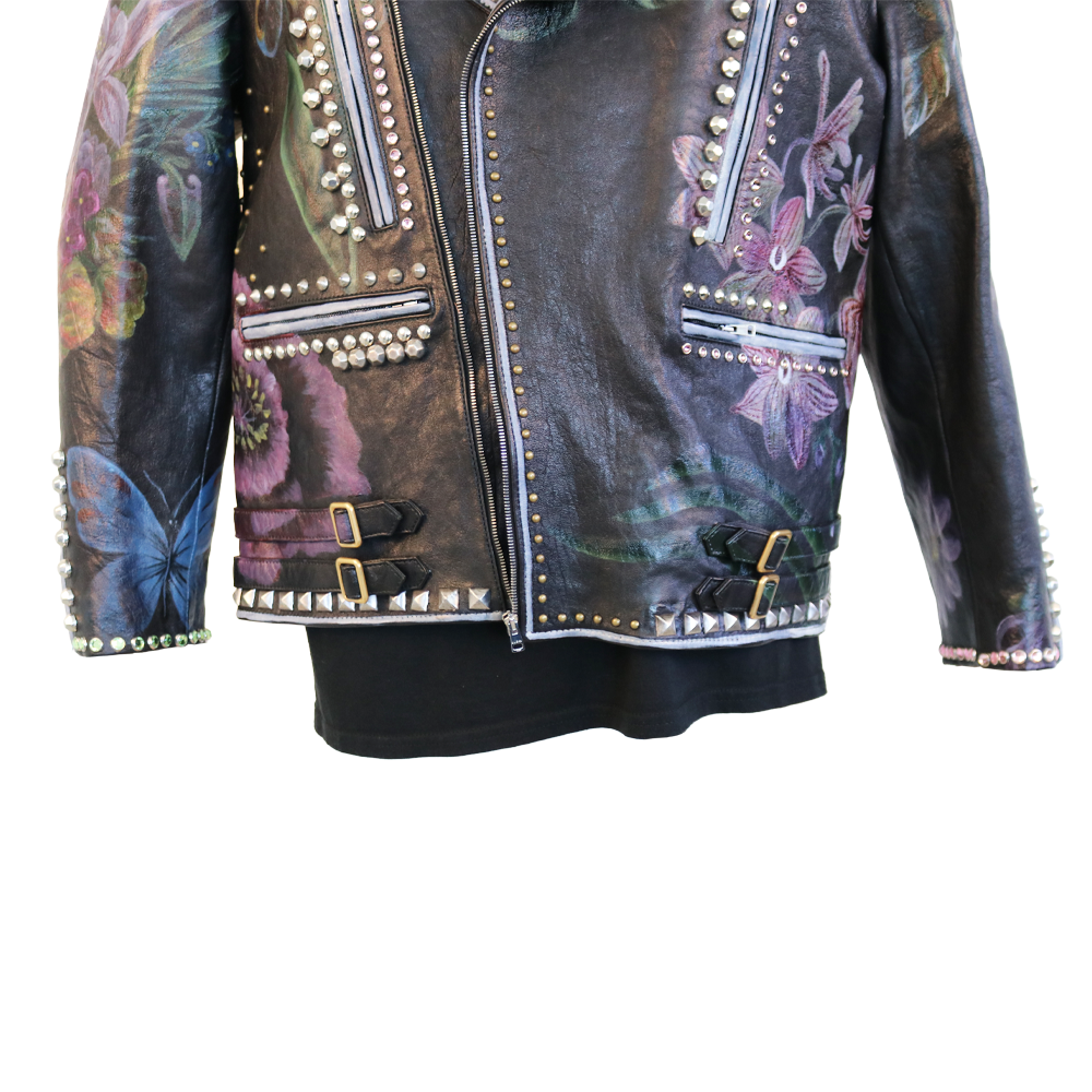 Gucci Studded Floral Leather Jacket with Deer Back Artwork