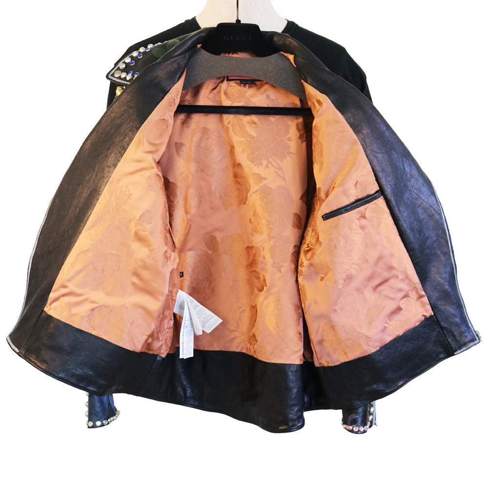 Gucci Studded Floral Leather Jacket with Deer Back Artwork