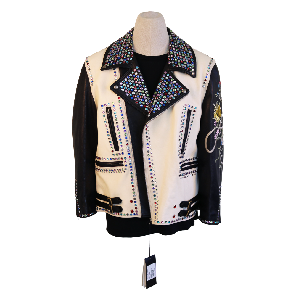 Gucci Hand-Painted Leather Jacket with Pug Art & Crystal Embellishments
