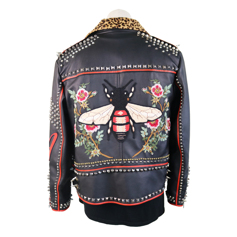 Gucci Black Leather Studded Biker Jacket with Bee Embroidery & Leopard Collar