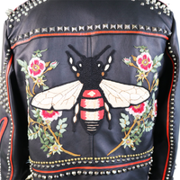 Gucci Black Leather Studded Biker Jacket with Bee Embroidery & Leopard Collar