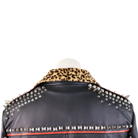Gucci Black Leather Studded Biker Jacket with Bee Embroidery & Leopard Collar