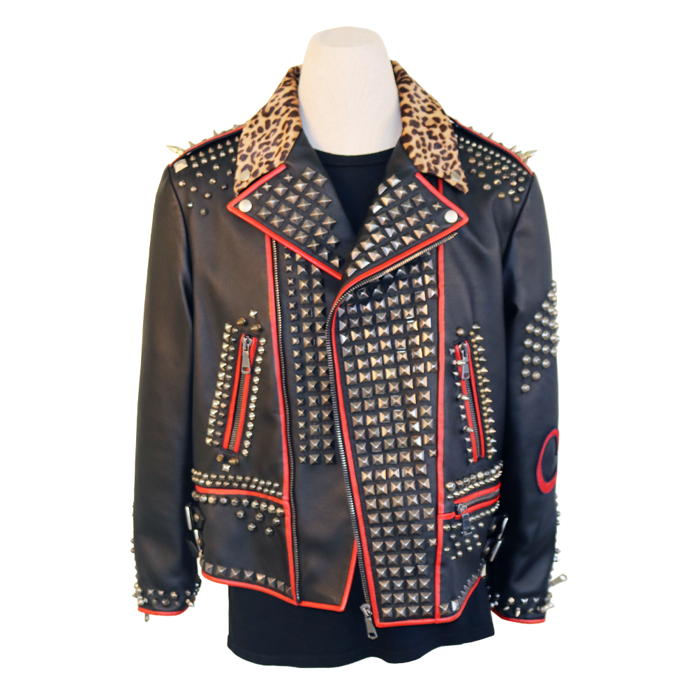 Gucci Black Leather Studded Biker Jacket with Bee Embroidery & Leopard Collar