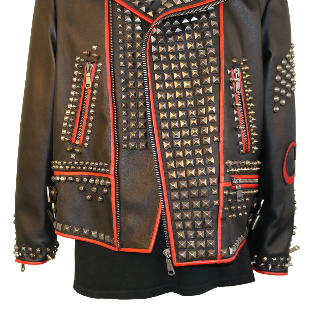 Gucci Black Leather Studded Biker Jacket with Bee Embroidery & Leopard Collar