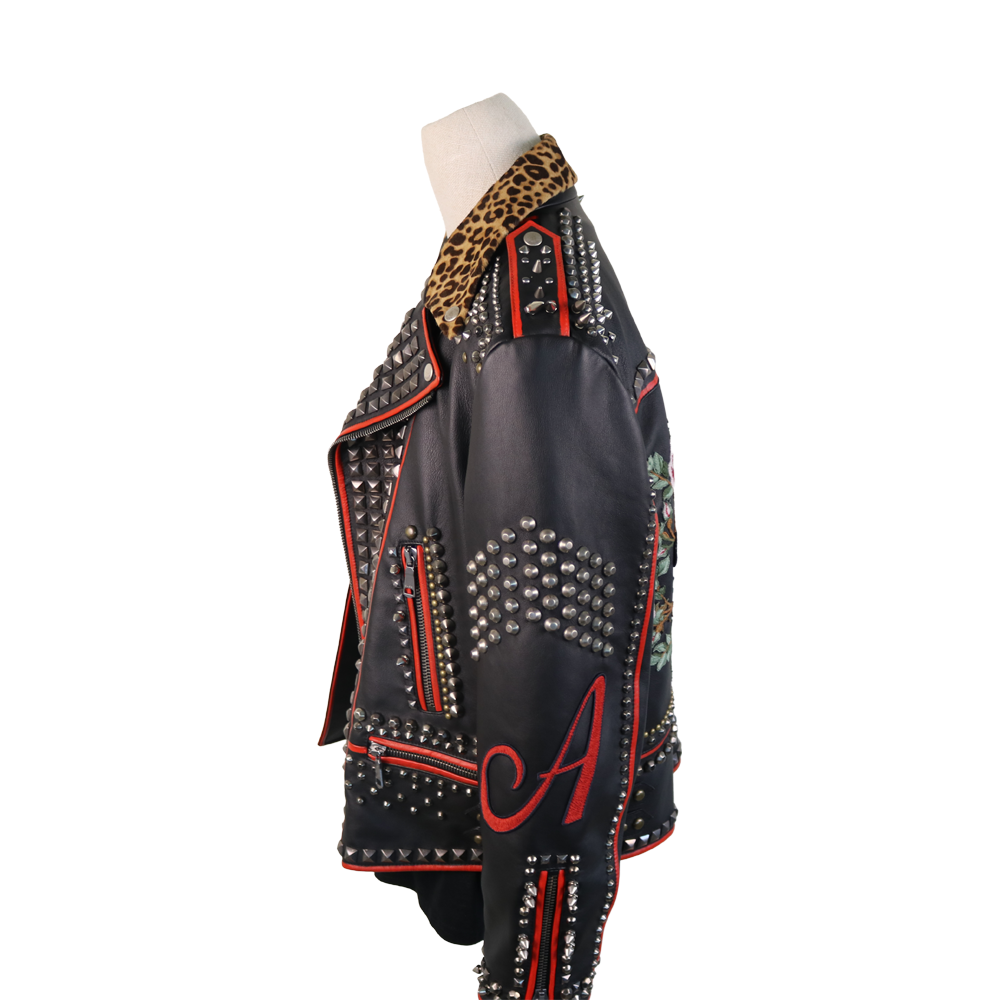 Gucci Black Leather Studded Biker Jacket with Bee Embroidery & Leopard Collar