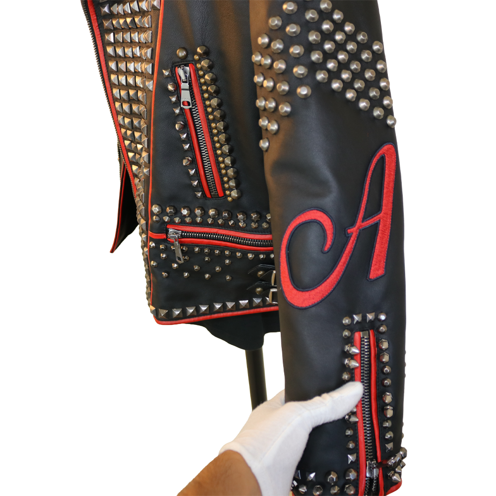 Gucci Black Leather Studded Biker Jacket with Bee Embroidery & Leopard Collar