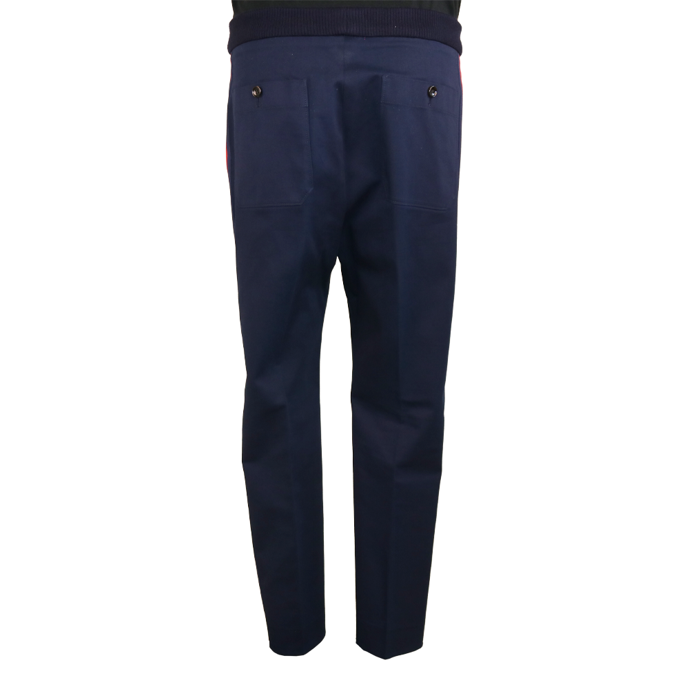 Gucci Navy Pleated Trousers with Red Side Stripe and Knit Waistband