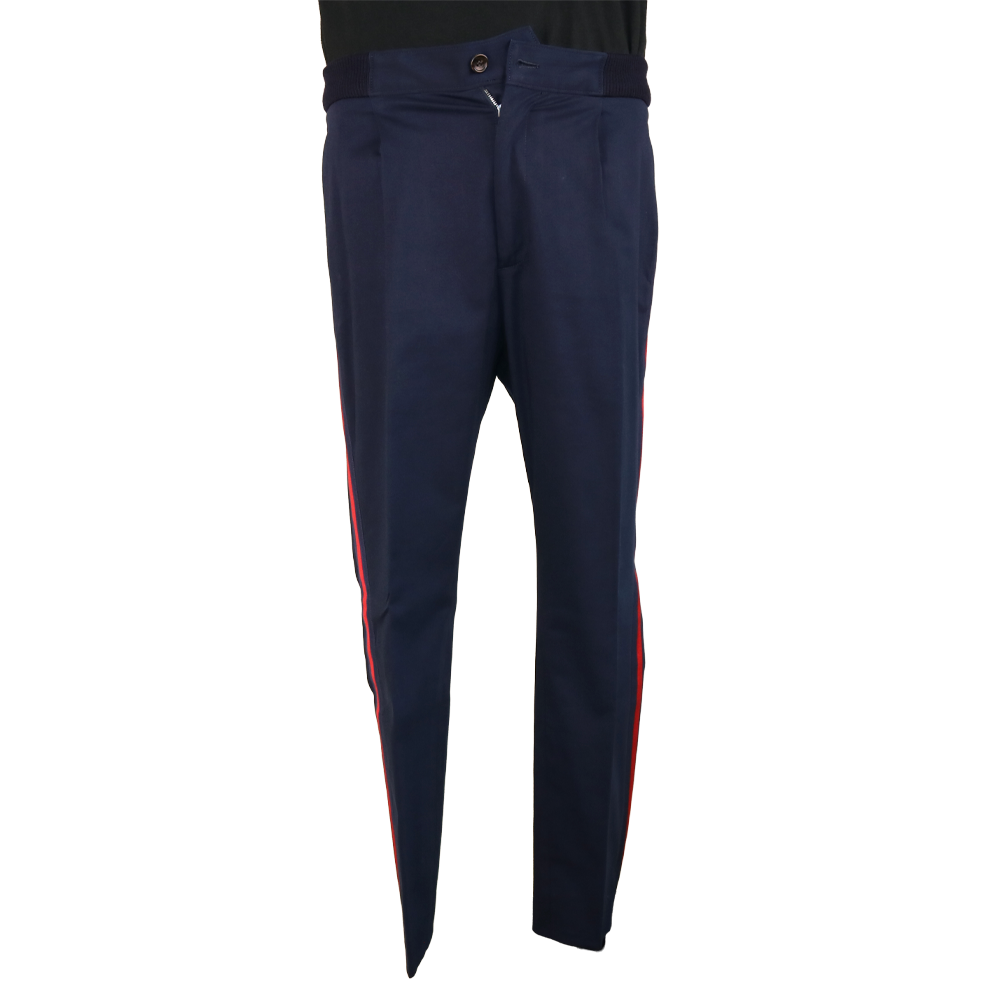 Gucci Navy Pleated Trousers with Red Side Stripe and Knit Waistband