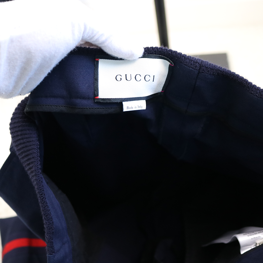 Gucci Navy Pleated Trousers with Red Side Stripe and Knit Waistband