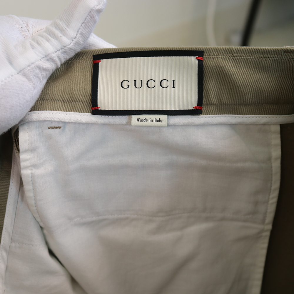 Gucci Beige Cotton Trousers with Web & Bee Waistband Detail