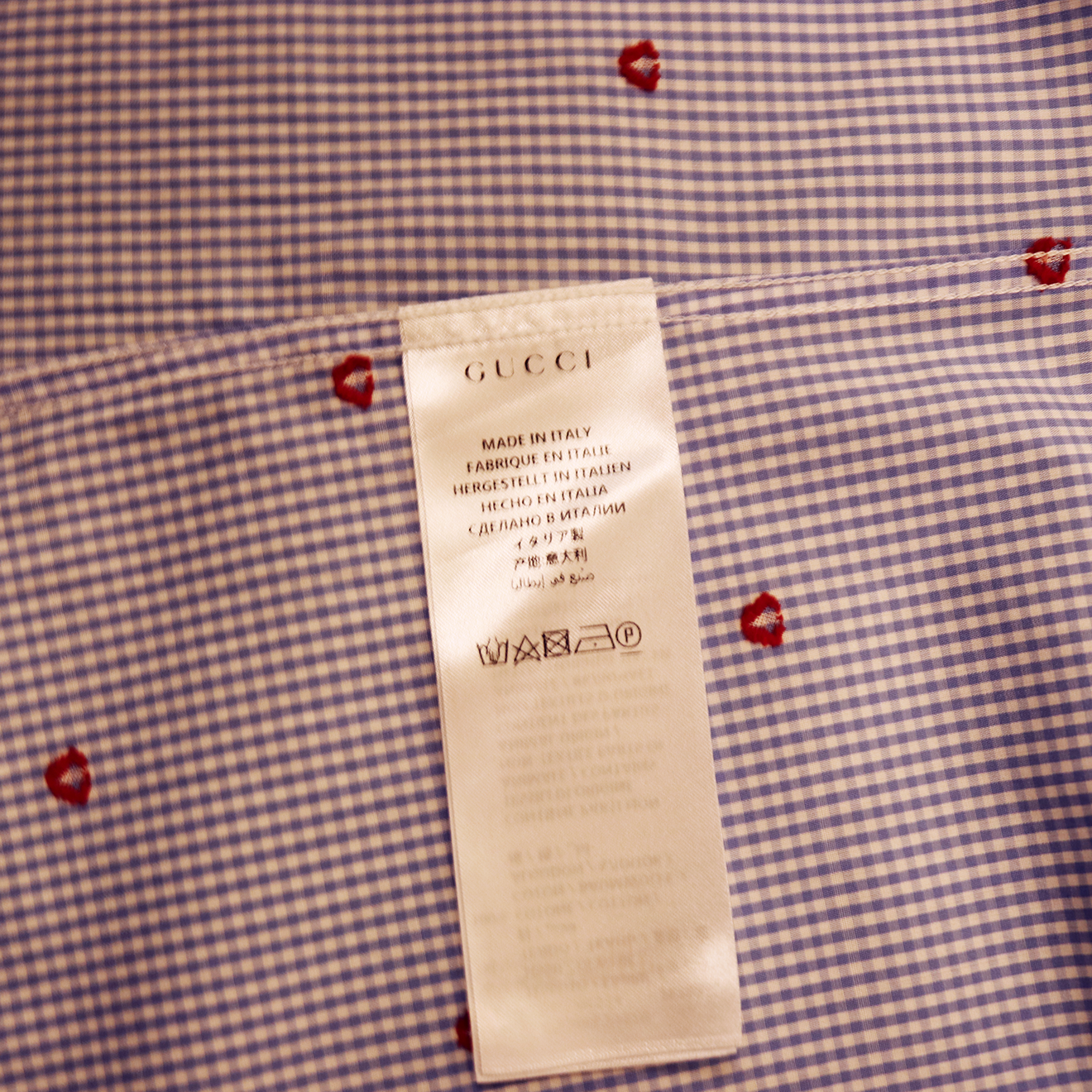 Gucci Blue Gingham Cotton Shirt with All-Over Red Heart Embroidery