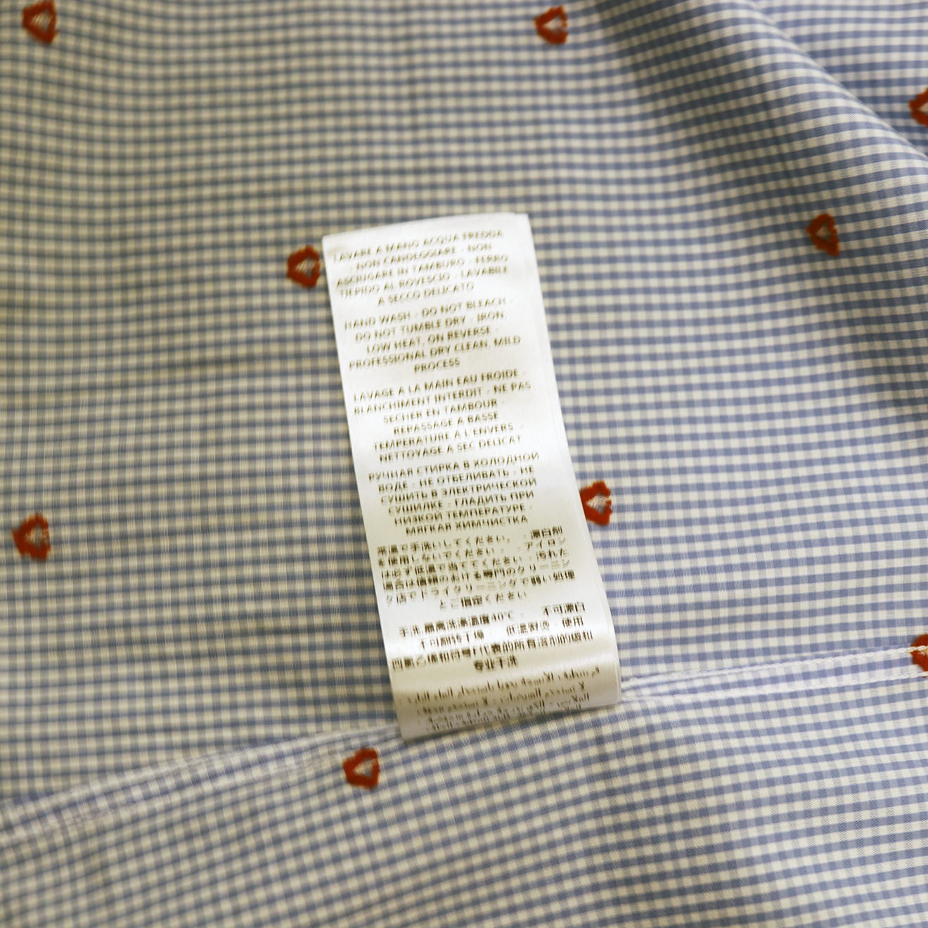 Gucci Blue Gingham Cotton Shirt with All-Over Red Heart Embroidery