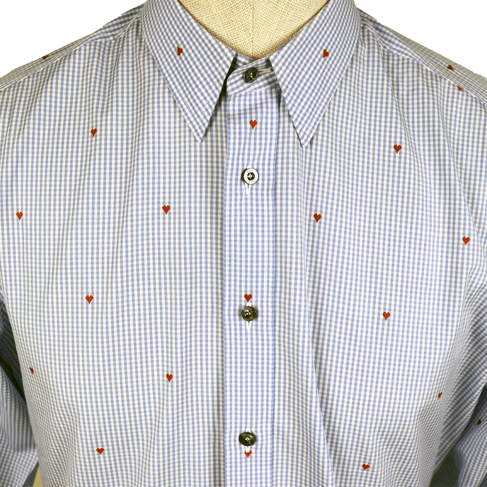 Gucci Blue Gingham Cotton Shirt with All-Over Red Heart Embroidery