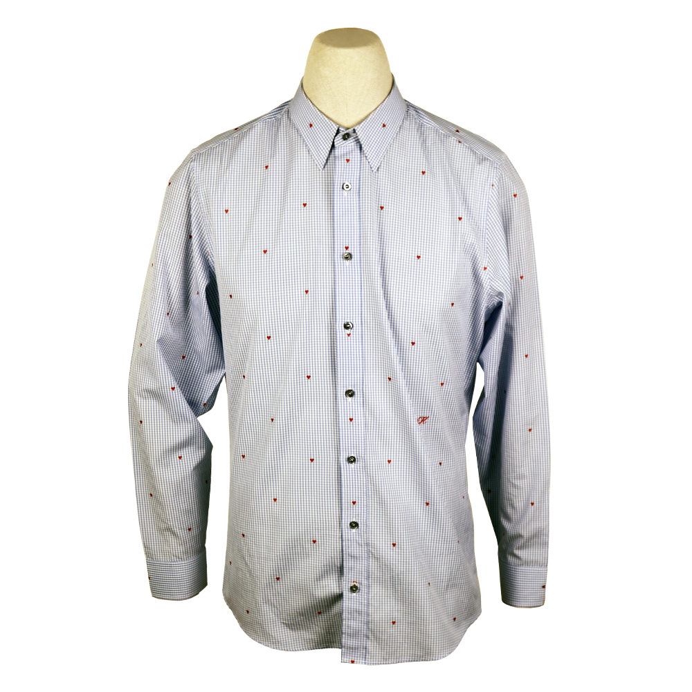 Gucci Blue Gingham Cotton Shirt with All-Over Red Heart Embroidery