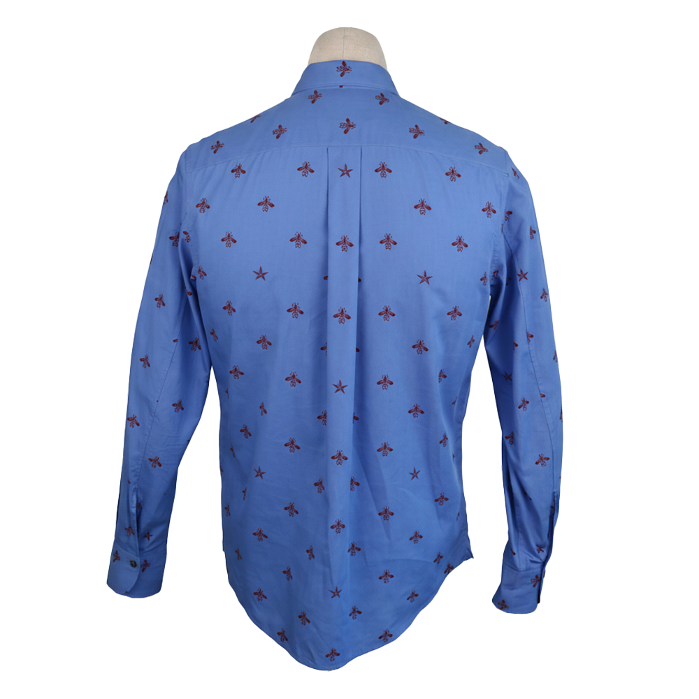 Gucci Blue Cotton Shirt with Chest Pockets and Red Bee Embroidery