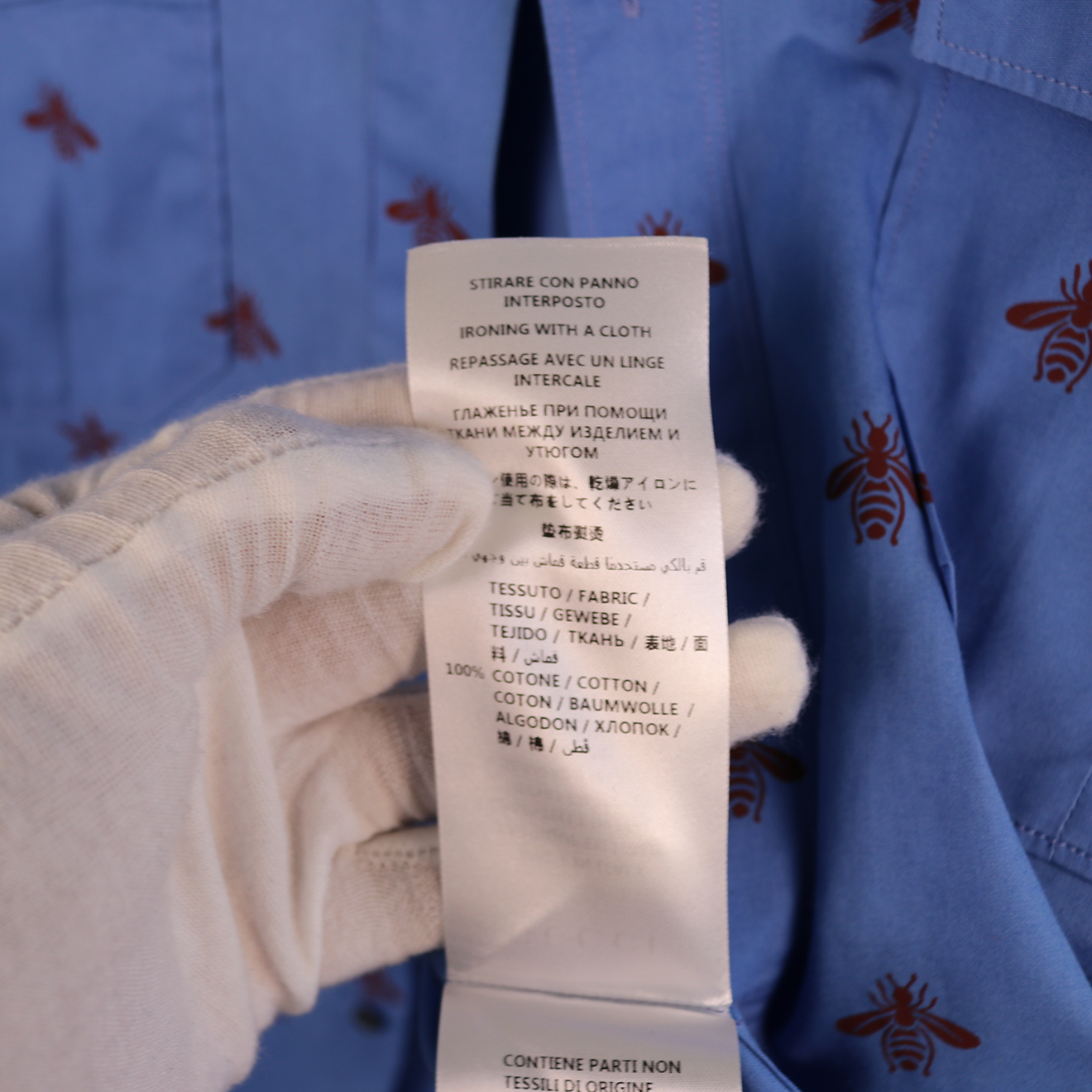 Gucci Blue Cotton Shirt with Chest Pockets and Red Bee Embroidery