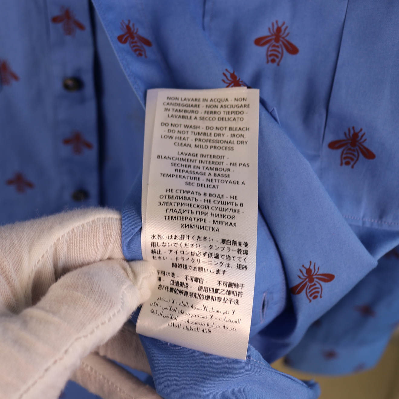 Gucci Blue Cotton Shirt with Chest Pockets and Red Bee Embroidery
