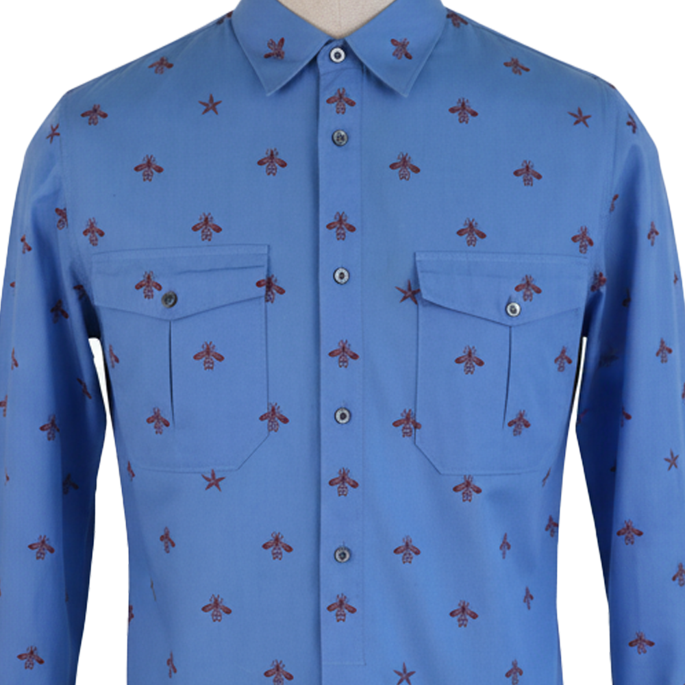 Gucci Blue Cotton Shirt with Chest Pockets and Red Bee Embroidery