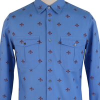 Gucci Blue Cotton Shirt with Chest Pockets and Red Bee Embroidery