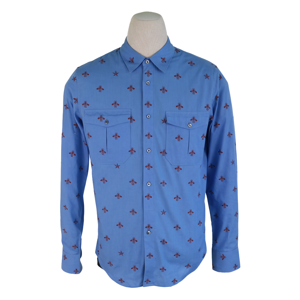 Gucci Blue Cotton Shirt with Chest Pockets and Red Bee Embroidery