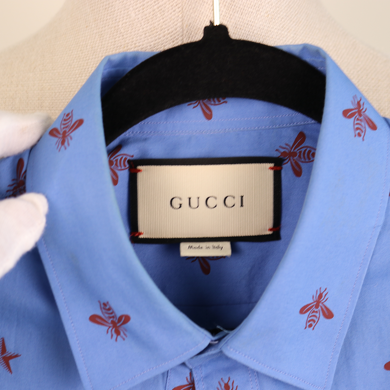 Gucci Blue Cotton Shirt with Chest Pockets and Red Bee Embroidery